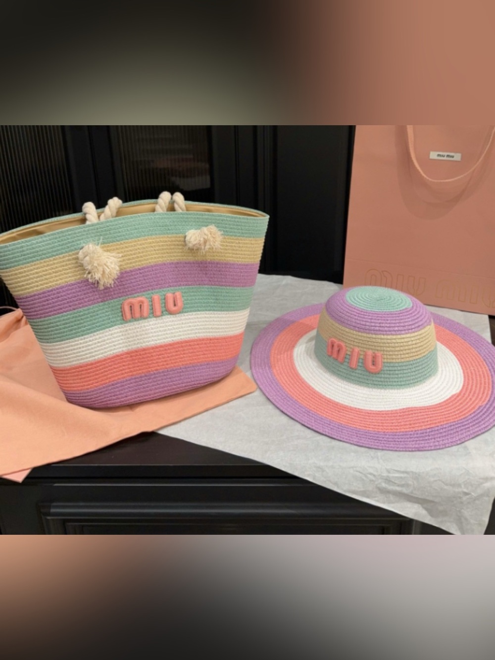 MiuMiu Crocheted Striped Straw Tote and Hat